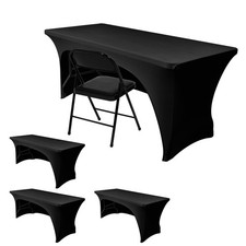 Nasitos 4 Pack Black Tablecloth 8 ft-Fitted Spandex Table Covers, Open Back T...