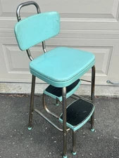 Vintage Retro MCM Cosco Aquamarine/Teal Metal Chair pull out Step Stool