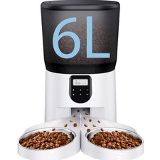 6L Automatic Cat Feeder for 2 Cats with Voice Recording Stainless Steel Bowls