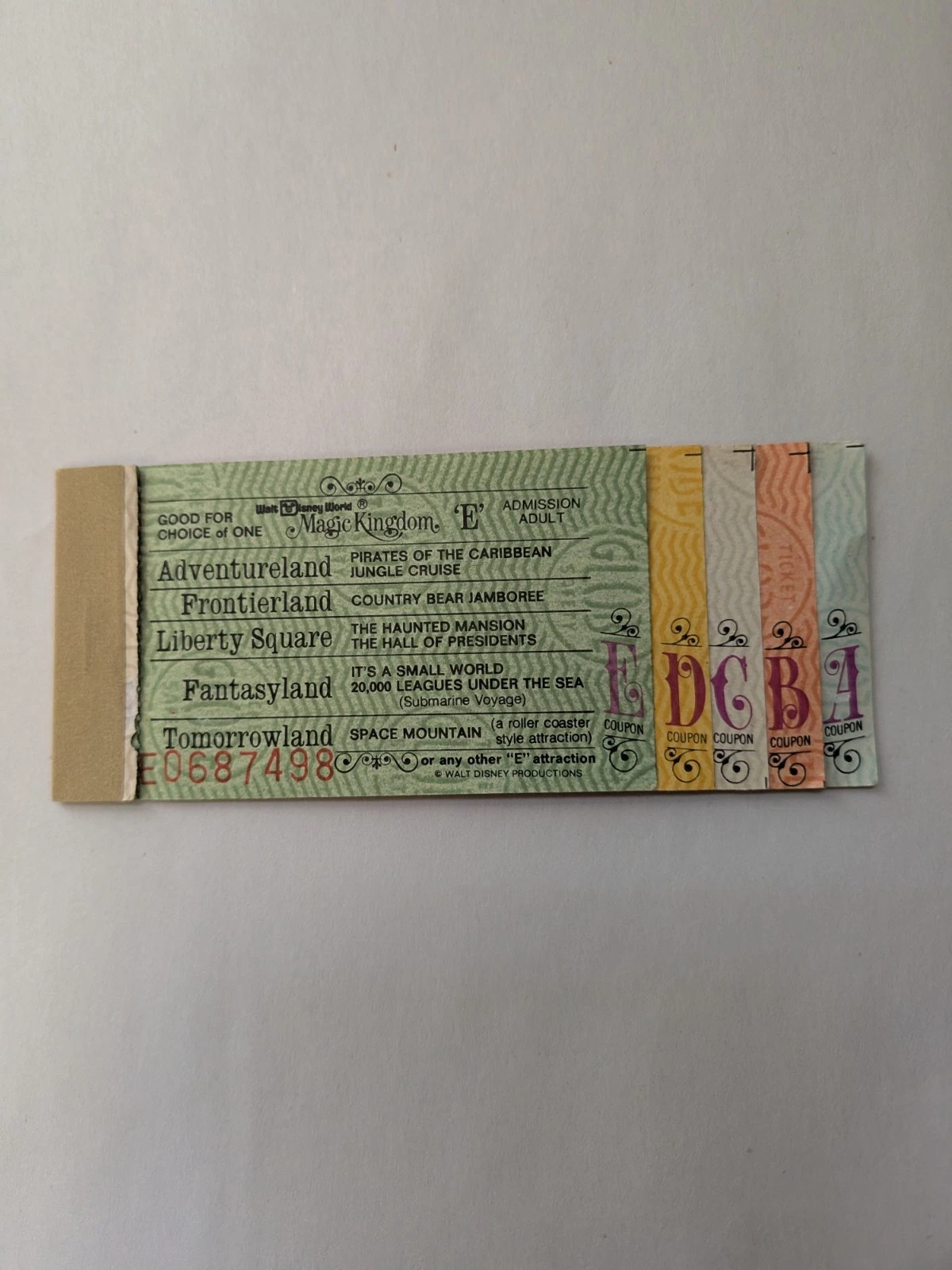 WALT DISNEY WORLD Magic Kingdom 8 Adventures A-E Ticket Book 1970s, incomplete