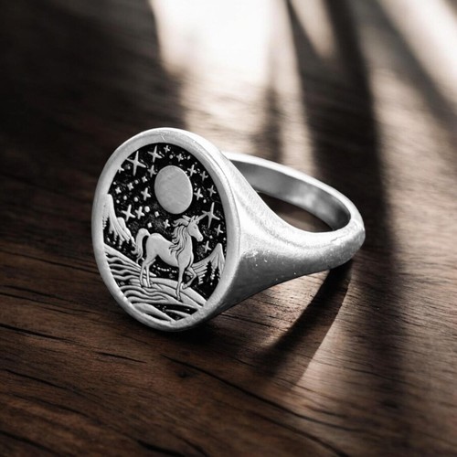 Rainbow Unicorn Engraved Signet Ring 925 Sterling Silver Handcrafted Ring - Picture 4 of 6
