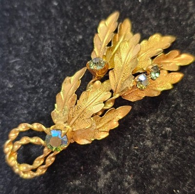 Vtg Goldtone Brooch Pin Leaf Twisted w/ Green iridescent -marked Austria- READ