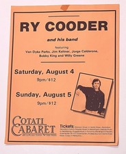 Cotati Cabaret Ry Cooder Band Vintage 1984 Concert Flyer/Poster Scarce