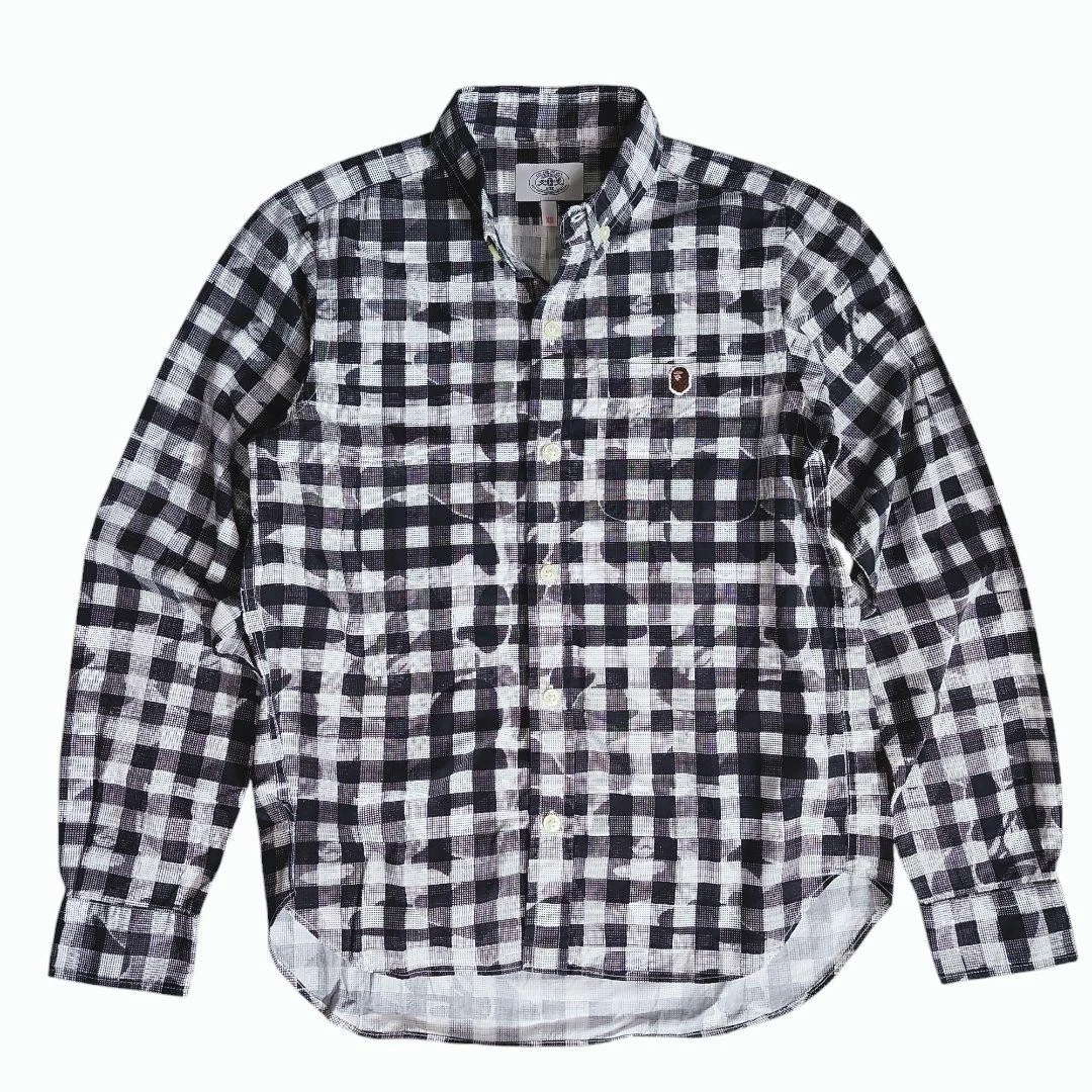 A BATHING APE (BAPE) Bape Mosaic Check Camicia Manica Lunga UOMO Ottima Usata Nero Bianco Taglia M