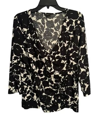 Talbots Blouse Size L Black Multi Stretch Women Top Shirt Blouse