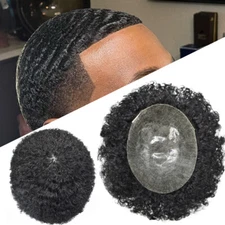 Afro Curl Mens Toupee Poly Skin Hair System Replacement for Men Breathable Holes