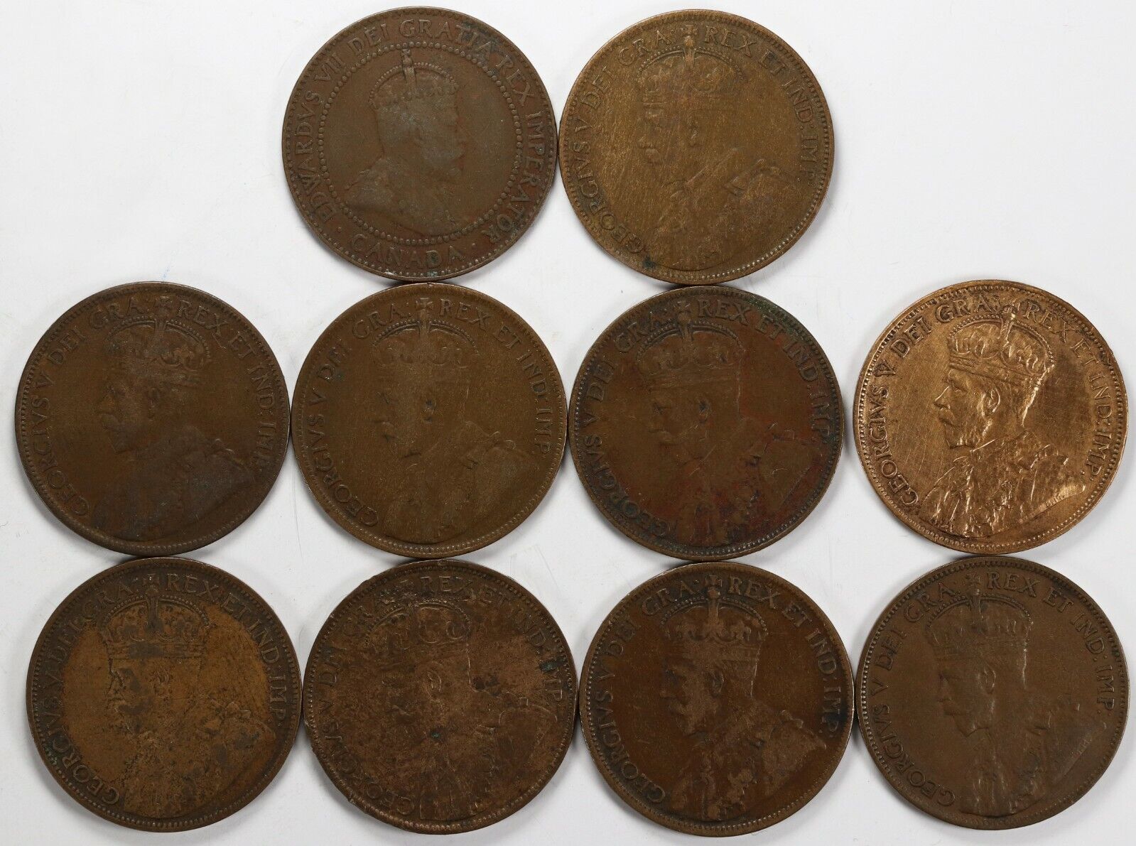 Lot of 10 Early 1900's Mixed Dates Canada Large Cents 1c - Nice