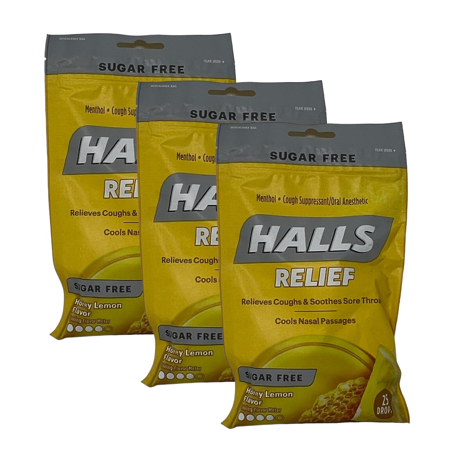 3X HALLS Relief Sugar Free Honey-Lemon Flavor Cough Drops 3 Bags 75 Total Drops