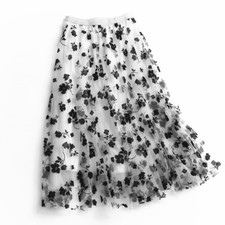 Women Floral Flocking High-Waiste Gauze Skirt A Line Skirt Autumn Fairy Skirt