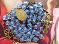 Late 1800s Med Antique Bohemian Blue Beads Rosary-in Brass/St Benedict Medal