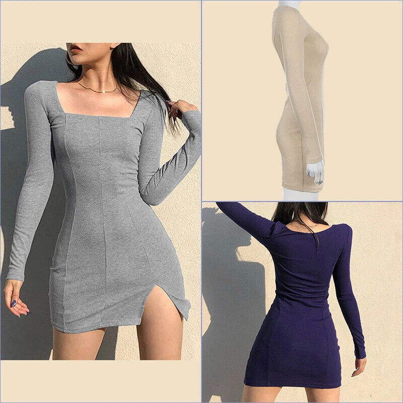 Tie collar top plain bodycon dress