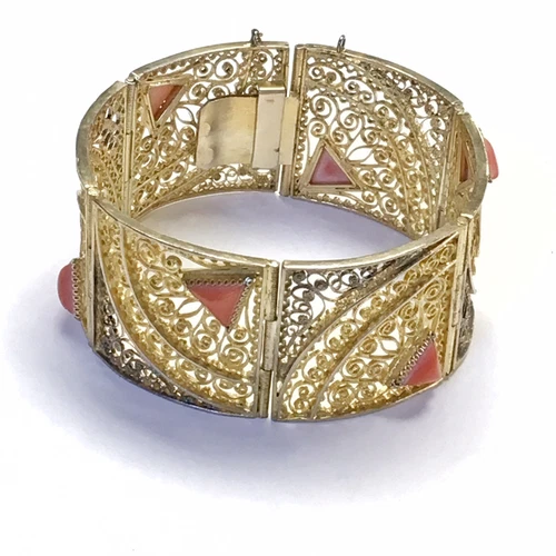 Vintage Filigree Cuff Bracelet, Gold Over Silver + Coral Inlay, 14K Spring Ring