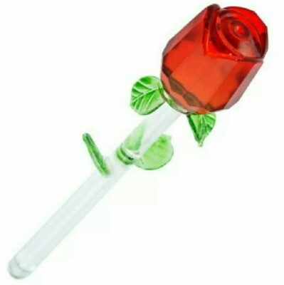 Long Stem Red Rose Eternity Glass Rose Flower With Green Leaves Collectible  
