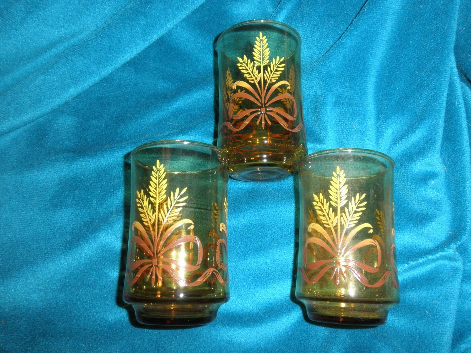 Set 3 Vintage Juice Glasses Amber Wheat & Ribbon  Libbey