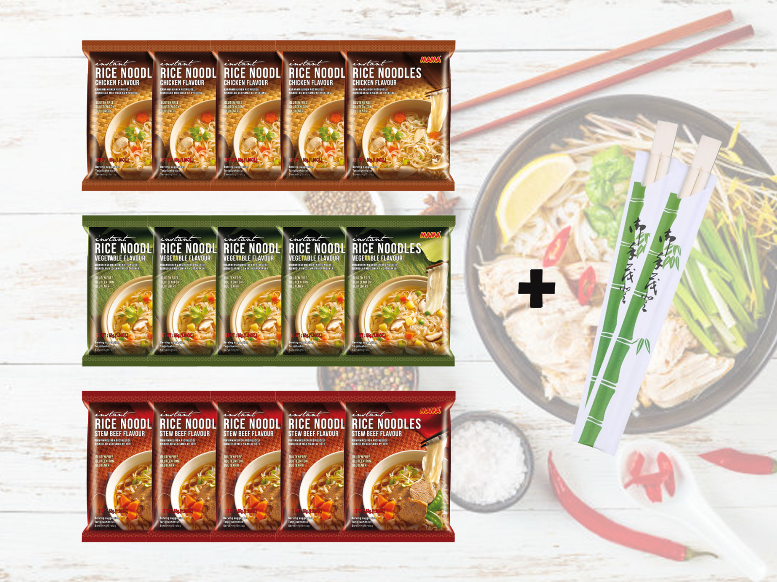 15x55g MAMA Pho Reisnudeln Suppe / 3 Sorten / Reisnudeln mit Huhn/Rind/Gemüse