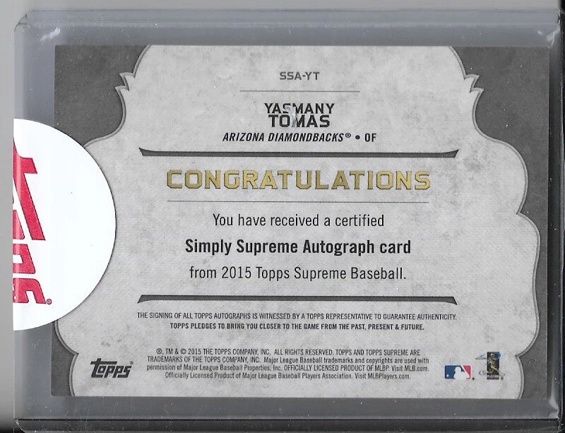 2015 TOPPS SUPREME YASMANY TOMAS ON CARD AUTO AUTOGRAPH CARD #SSA-YT - Image 2 of 2