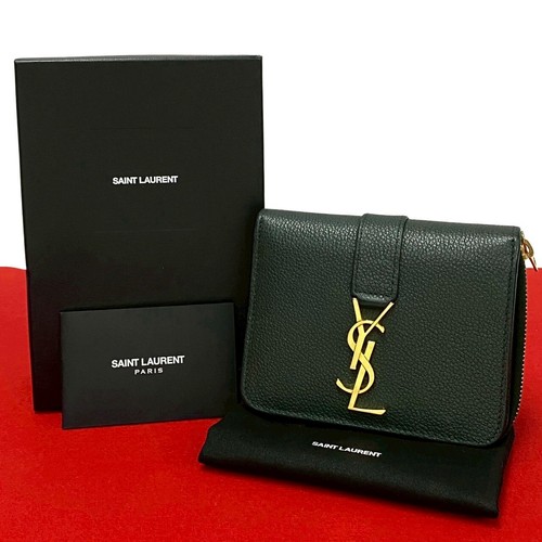 Portefeuille YVES SAINT LAURENT YSL logo métal double pli cuir vert liquidation 21925