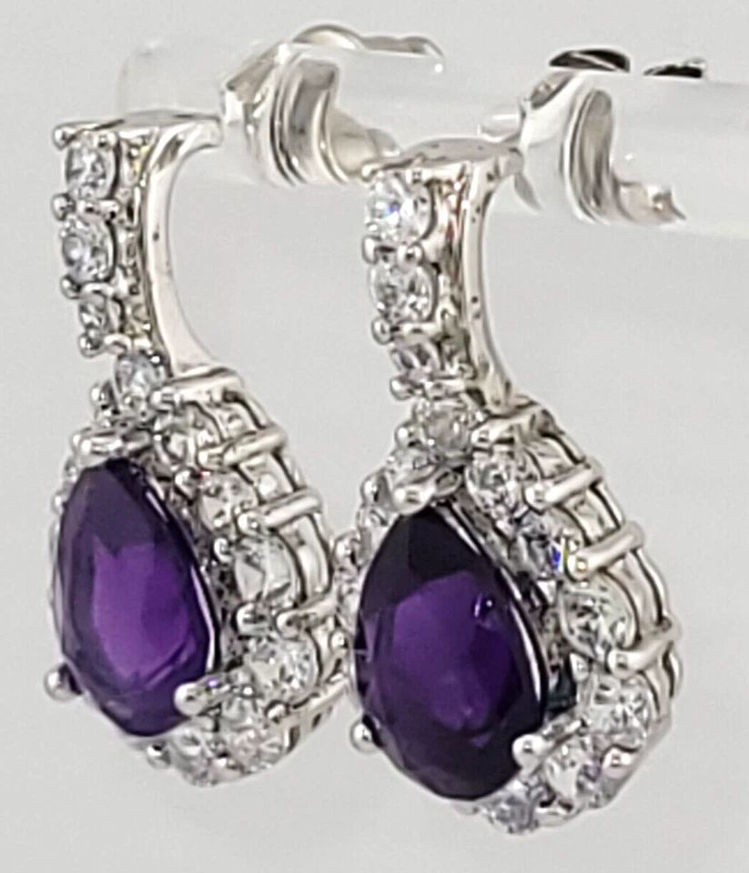 Pendientes colgantes brillantes QVC de plata esterlina amatista y circonita cúbica con lágrima firmados VJ Foto 4 de 4
