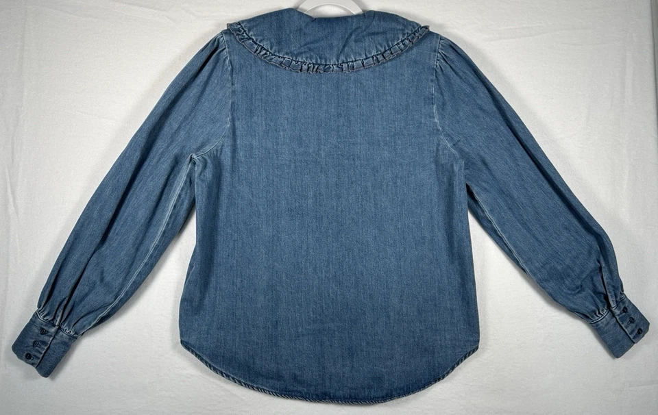 H&M Denim Ruffle Statement Round Collar Blouse Blue Long Sleeve Size S - Image 2 of 4