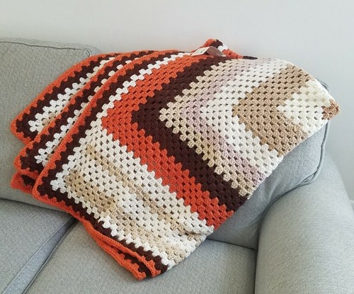 Hand made crochet knit throw blanket square ivory tan orange 63 x 45 autumn - Picture 4 of 7