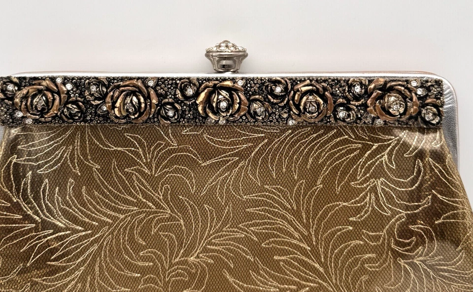 1950s 60s Clear Vinyl Clutch Purse Gold Floral Jeweled Detail Kiss Lock Vintage Foto 2 de 4