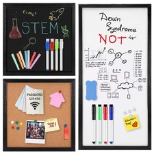 Dry Erase Whiteboard, Cork Bulletin Board, Chalkboard with Natural Wood Black...