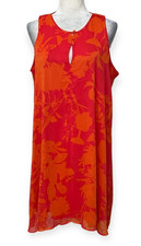 Chaps Women's 12 Red Orange Floral Sleeveless Shift Dress Keyhole Lined Summer