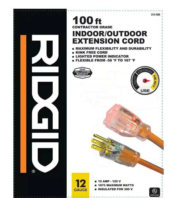 Cable de extensión RIDGID interior/exterior 100' 12/3 extremo iluminado resistente naranja Foto 4 de 4