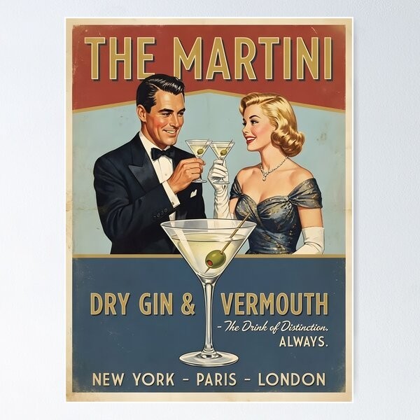 Crisp mid-century bar art poster capturing the golden age of the martini — elegant enough for a grown-up apartment, specific enough to feel intentional.