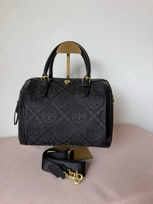 Tory Burch Black Canvas Leather Trim Shoulder Bag Handbag With Detachable Strap - Image 1 of 4