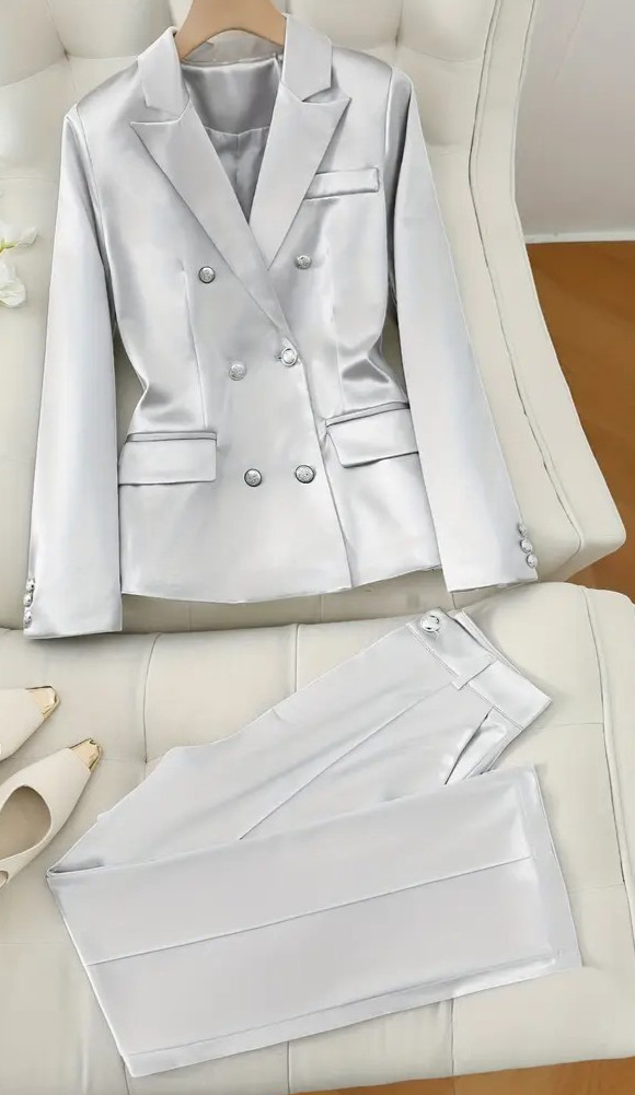 Festive Holiday Silver Blazer Jacket And Pants Suit  2pce Set
