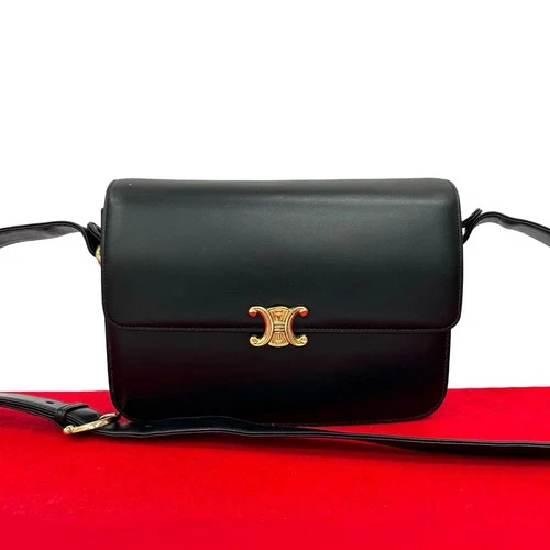 CELINE Triomphe Metal Shoulder Bag Calfskin leather black 30479
