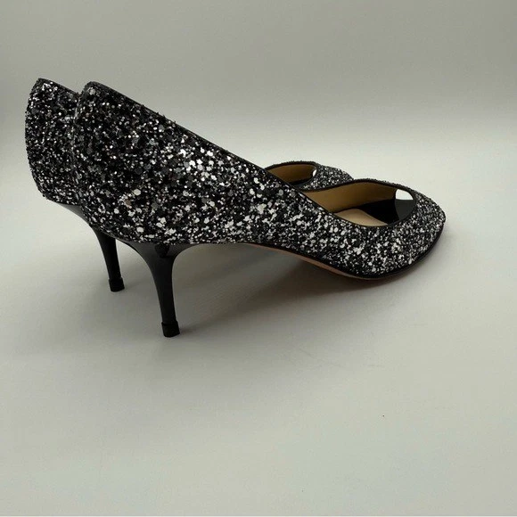 Zapatos de salón Jimmy Choo ISABEL TELA BRILLANTE GRUESA PLATA-NEGRO Peep Toes talla 6,5 EE. UU. Foto 4 de 4
