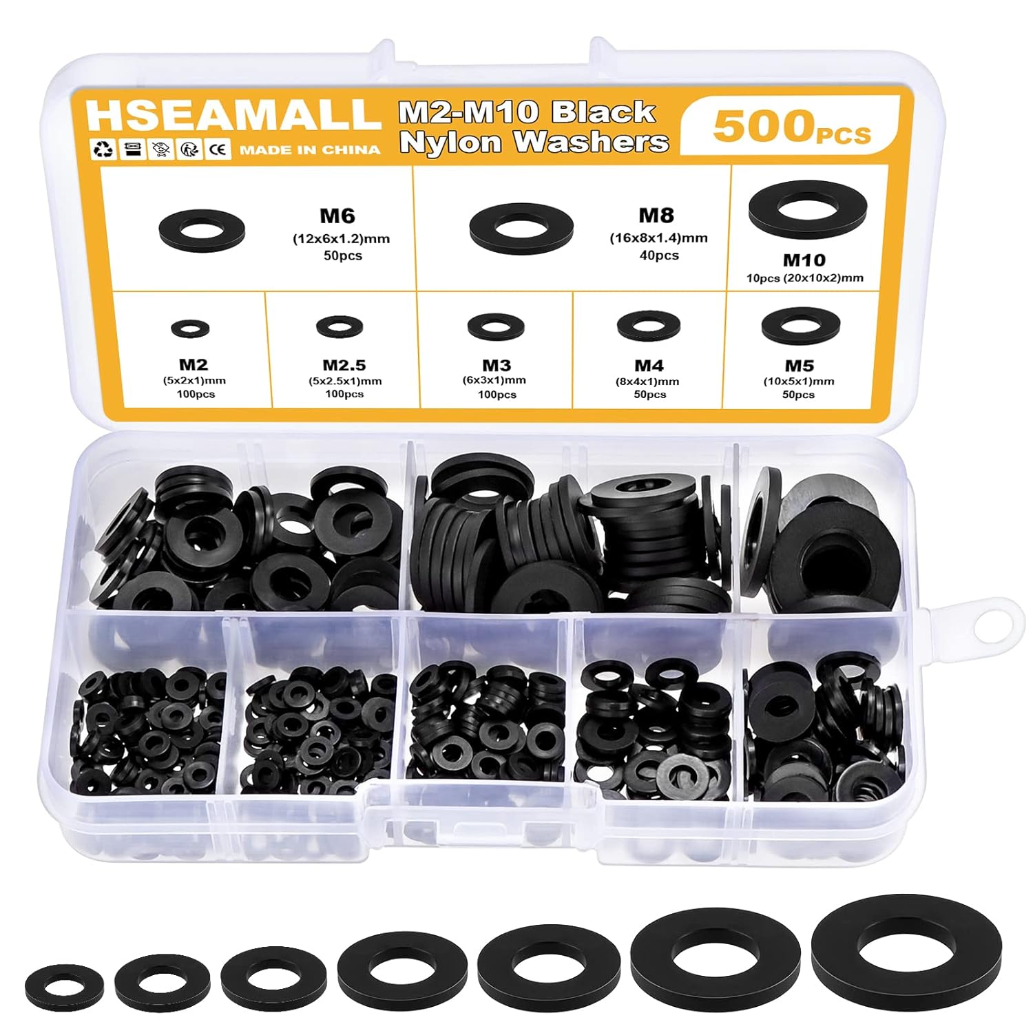 500PCS Black Nylon Washers,M2 M2.5 M3 M4 M5 M6 M8 M10 Assorted Flat Washers,Insu