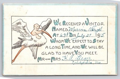 1915 Stork Baby Announcement Postcard Marvin Vergel Concordia MO Palmer NE