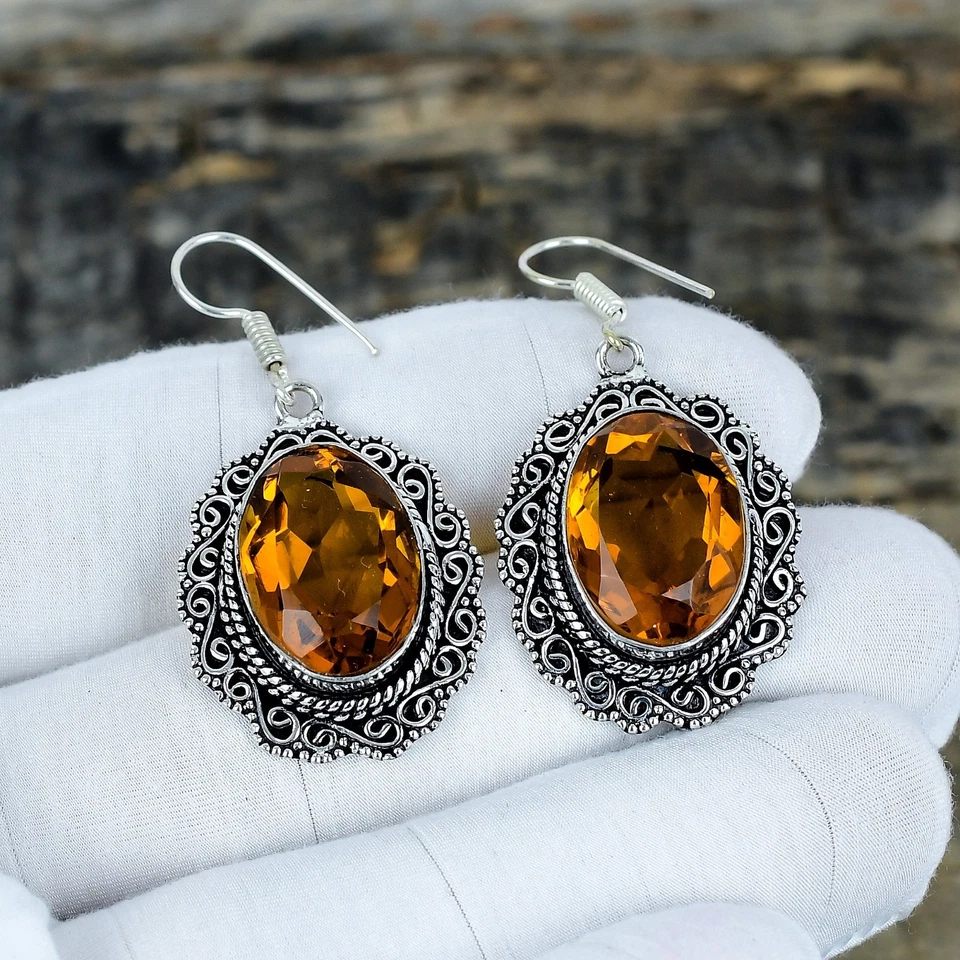 Miele Topazio Gemma a Mano Gioielli 925 Sterling Orecchini Argento Per Festa - Immagine 2 di 4