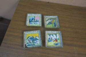 Set of 4 Antique Chinese Pictorial Cloisonné Canton Enamel Pin Dish Trinket 2.5"