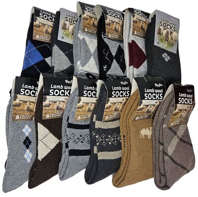 Men Winter Socks Warm Lamb Wool Heavy Duty Crew ASSORTED, Size 10-13 - 12 PAIRS