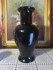 Large Hand Blown MCM Black Glass Art Deco Vase 15.5" Tall