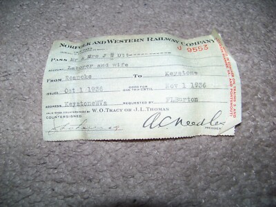 1936 Norfolk and Western Railway Company Reisepass Roanoke nach Keystone J. W. Utt