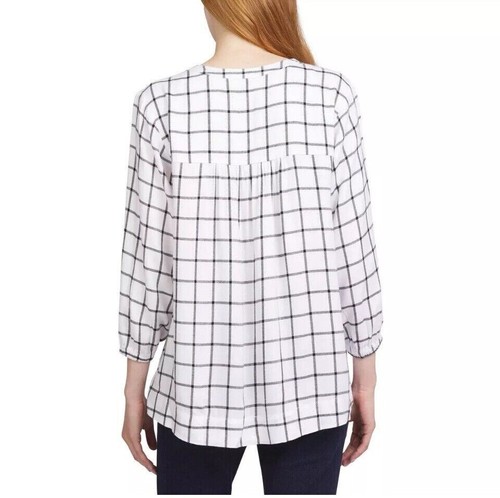 Wrangler Ladies' Bracelet Cuffs 3/4 Sleeve Plaid Blouse, White, Medium - Picture 2 of 2