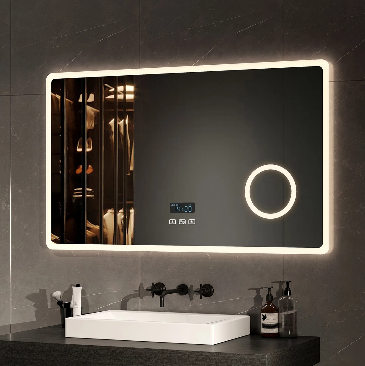 LED Badspiegel Wandspiegel Bluetooth Touch Uhr Beschlagfrei 80x60/100x60cm EMKE