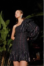 NWT Farm Rio Lurex Stripes Mini Dress Large Smocked One Shoulder Sparkle