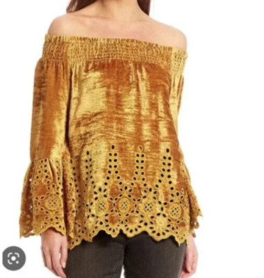 John Mark Marigold Gold Eyelet Velvet Smocked Off-The-Shoulder Top XL NWT $149