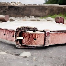 Vtg Fossil Brown Leather Belt Sz L 32 Chain Link Hinge Southwest Floral Buckle