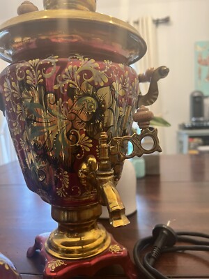 Vintage Russian Samovar w/ Teapot Floral Electric red n gold