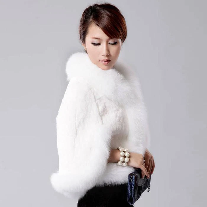 Women's Winter Warm Faux Fox Fur Trim Cape Coat Faux Rabbit Fur Outwear Fashion - Image 4 of 4