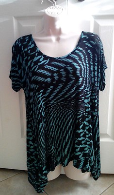 Stretch Tunic Top Lace Back Asymmetrical Hem PAINTED THREADS Green Black S NWT