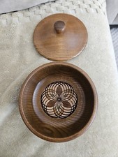 Vintage Handcrafted Carved Wooden Bowl 4.50" With Lid. Design Inside And Out