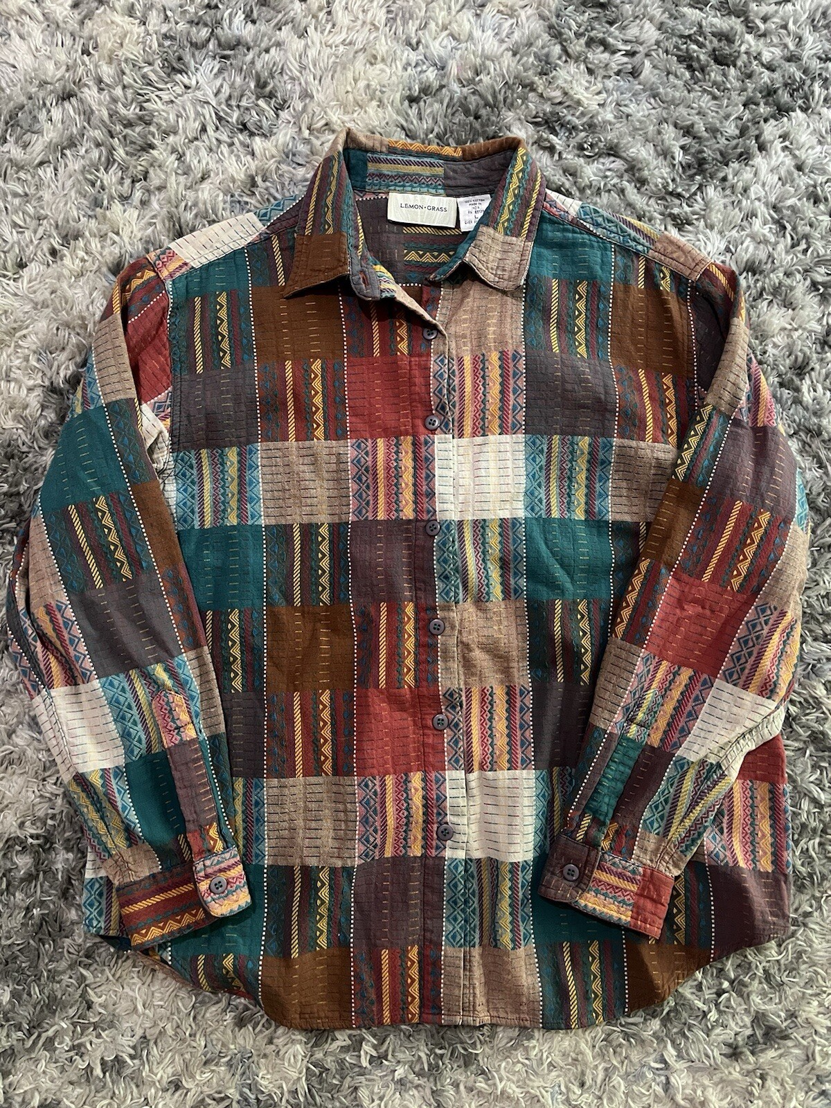 Lemon Grass Patchwork Blouse Top Button Up Sz L - image 1